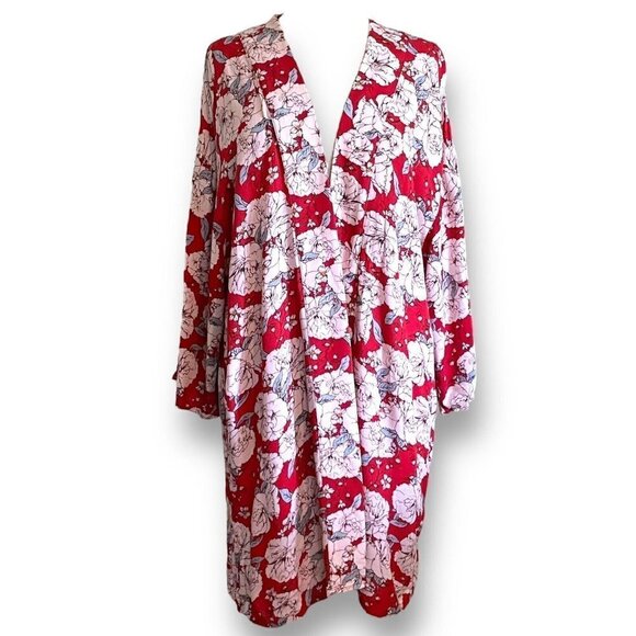 Knox Rose Womens Kimono Sz M L Red Floral Boho Open Front Duster Jacket Wrap - Picture 1 of 7